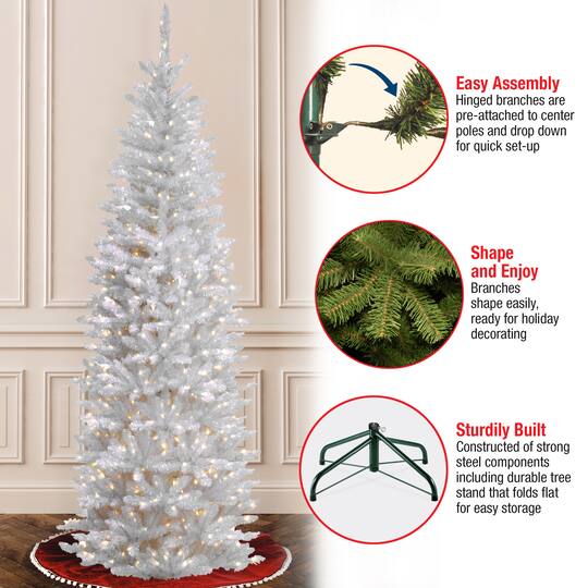 7 ft. Pre-lit White Kingswood Fir Pencil Artificial Christmas Tree, Clear Lights